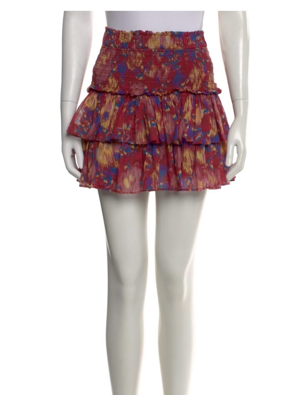 Isabel Marant Burgundy Mustard Blue Smocked Ruffle Mini Skirt